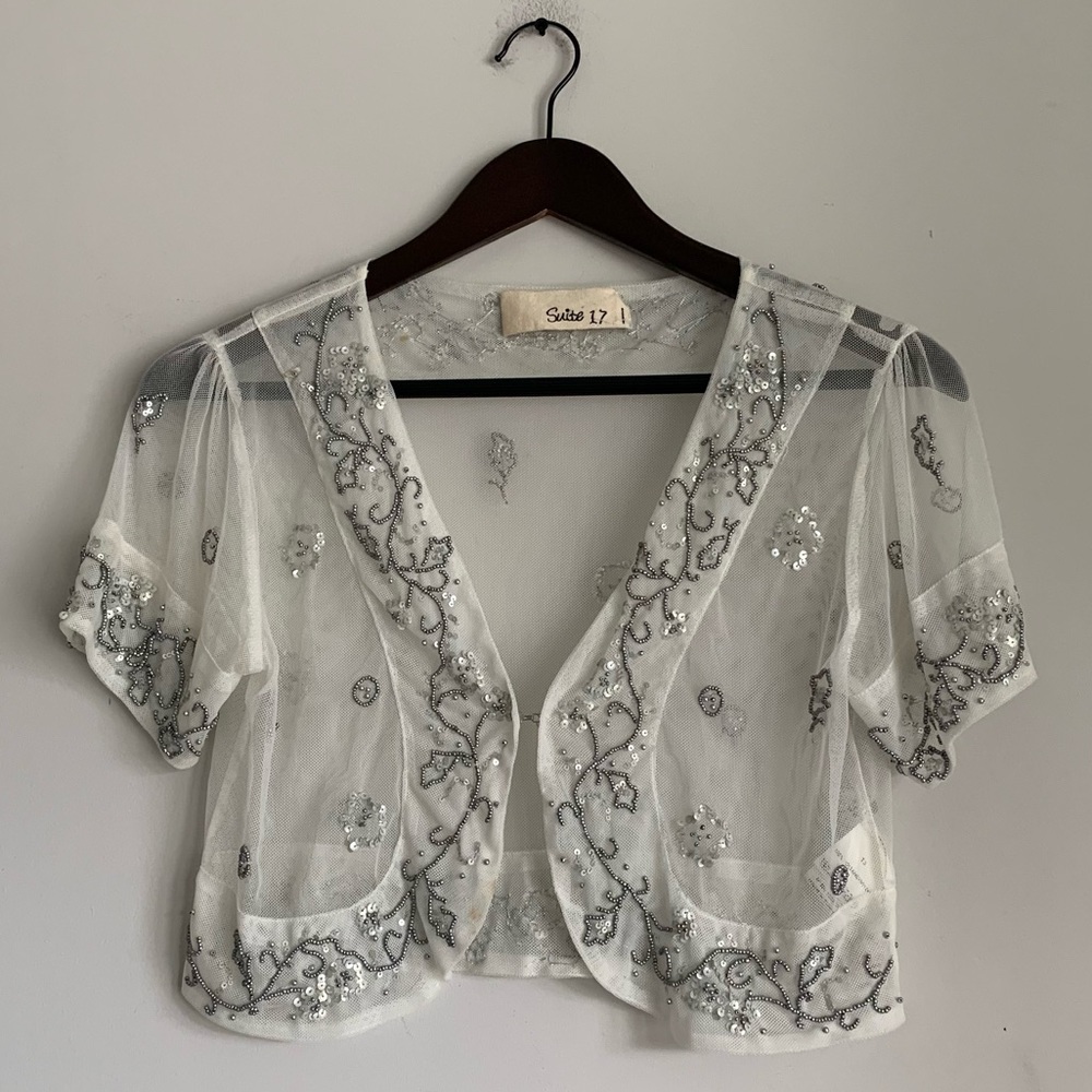 Suite 17 White Beaded Short Sleeve Bolero Cardigan Small